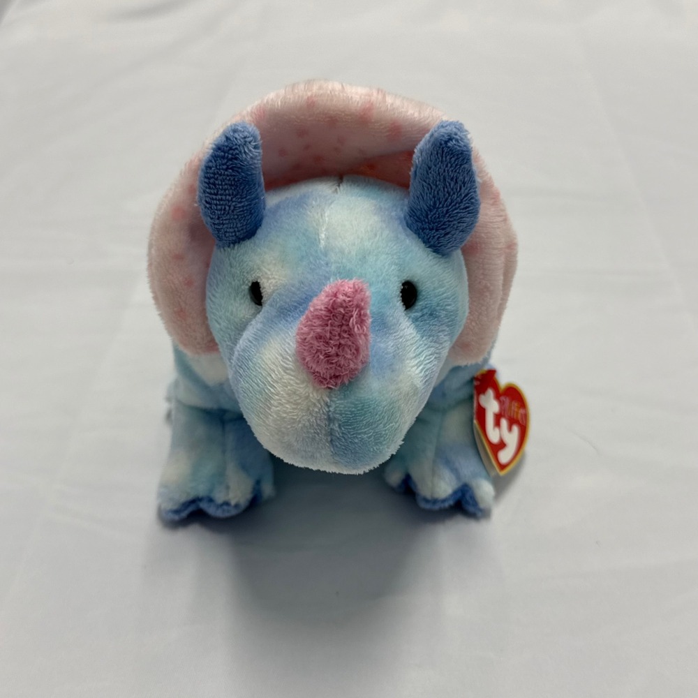 Ty Pluffies Tromps Triceratops Dinosaur Plush Blue Tie Dye Stuffed Animal 2005